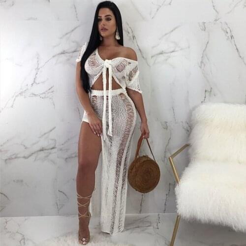 2 Pieces Set Sexy Crochet Beach Cover Up Swim Maxi Dress Off Shoulder Crop Top and High Waist Bikini Cover-Up Knitting Swimwear