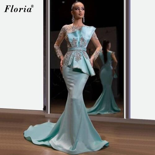 Crystals Light Blue Prom Dresses For Women Long Sleeves Evening Gowns Luxury Beads Celebrity Dresses Party Dress вечерние платья