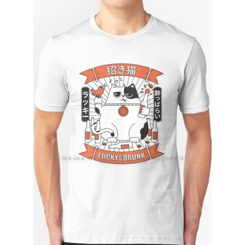 Maneki Neko. Lucky And Drunk T Shirt 100% Pure Cotton Maneki Neko Cat Lucky Japan Japanese Funny Retro Comics Drunk Beer Cute