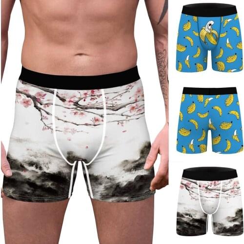 Mens Casual Cherry blossoms Print Slim Breathable Sports Underwear Long Flat Pants Boxershorts Comfortable Plus Size Shorts