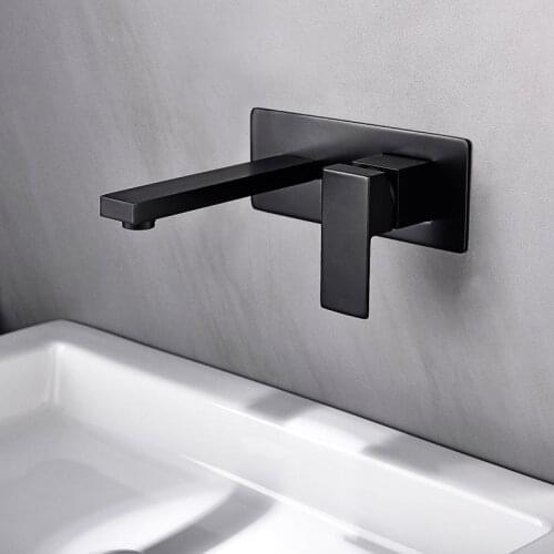 Wall Mounted Bathroom Washbasin Faucet Black And Chrome Brass Square Bath Cold And Hot Water Mixer Taps