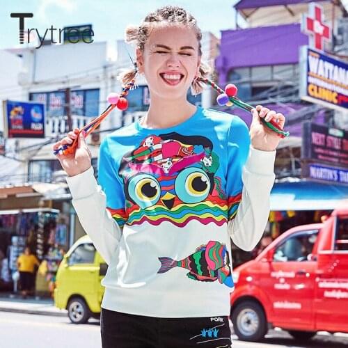 Trytree 2020 Autumn Winter Woman Casual Sweatshirt O-neck Cartoon Lovely Panelled Fashion Loose All-Purpose Style Sweatshirt Top