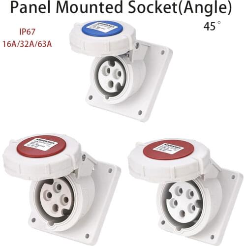 Industrial Socket Angle 45° 16A 32A 63A 3 pole 4 pole 5 pole ip67 Panel Mounted Socket Waterproof 220V 380V 415V