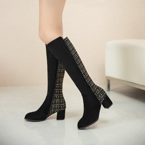 Hot Sale Zip-up Knee High Boots for Women Square High Heels Round Toe Solid Nubuck Flock Leather Elegant Boots Women