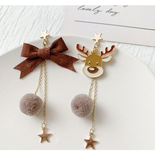 Christmas Elk Moose Long Chain Tassel Clip on Earrings Five-pointed Star Asymmetrical Bow Ear Clip Earrings Without Piercing