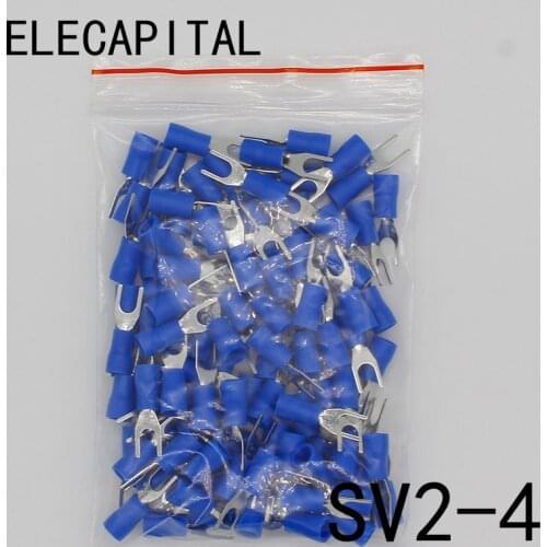 SV2-4 Blue Furcate Cable Wire Connector 100PCS/Pack Furcate Pre-Insulating Fork Spade 16~14AWG Wire Crimp Terminals SV2.5-4 SV