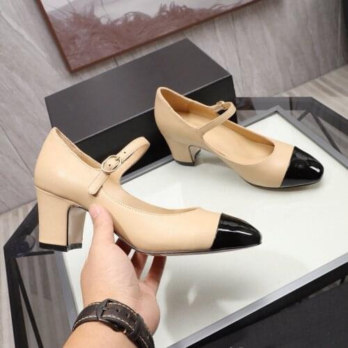 2021New Sapato Feminino Genuine Leather Shallow Pumps Patchwork Pumps Buckle Strap Pointed Toes Chunky 6cm Heels Womens Sandals