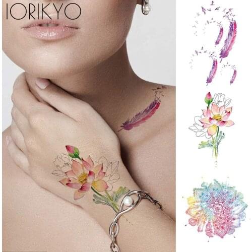 Temporary Tattoo Women Arm Stickers Watercolor Flower Water Transfer Tatoos Girl Tattoo Wrist Feather Waterproof Tatoos Supplies
