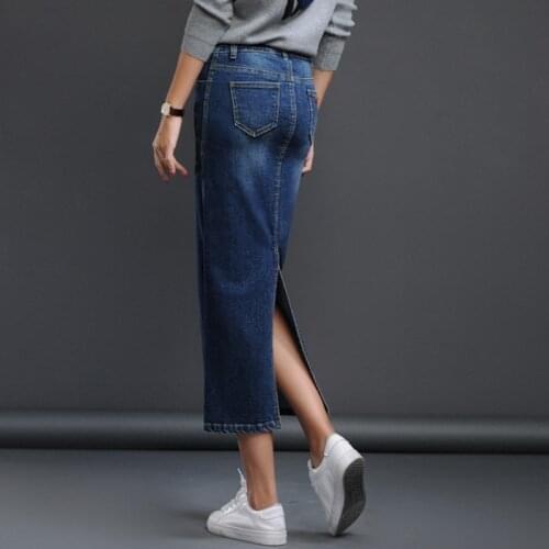 Womens Long Denim Skirt Korean Back Blue Split Straight Skinny Denim Skirt Autumn Winter High Waist Jean Pencil Skirt Lady