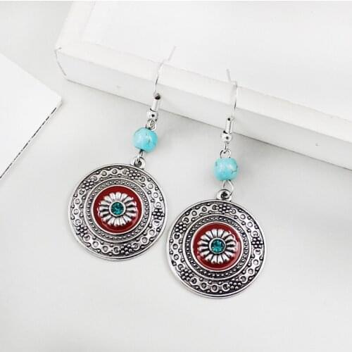 Chinese style Jewelry Drop Earrings Round Minorities Eardrop Green Stone Carved flower Silver-plated BOHO Brincos Orecchini