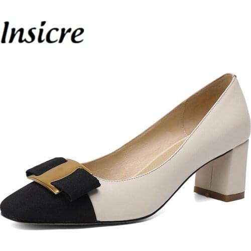 Insicre Cow Leather Metal Knot 2021 Summer Women Pumps Patchwork Square Toe Shallow Beige Thick High Heels Office