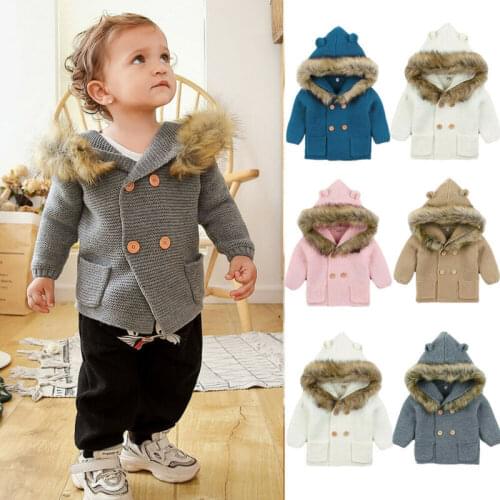 Winter Warm Newborn Baby Boy Girl Knit Hooded Coat Fur Collar Jacket Clothes