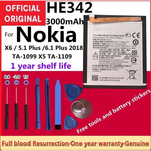 100% New Original HE342 3000mAh Battery HE 342 for Nokia X6 / 5.1 Plus / 6.1 Plus 2018 TA-1099 X5 TA-1109 + Tool Kits