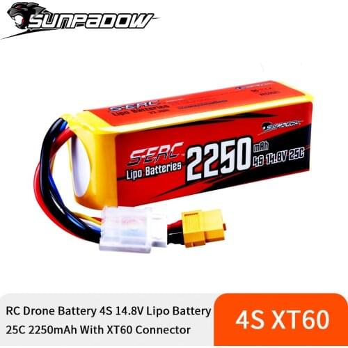 Sunpadow 4S 14.8V Lipo Battery 2250mAh 25C with XT60 Plug for RC Airplane Quadcopter Drone FPV Helicopter Boat Racing Hobby