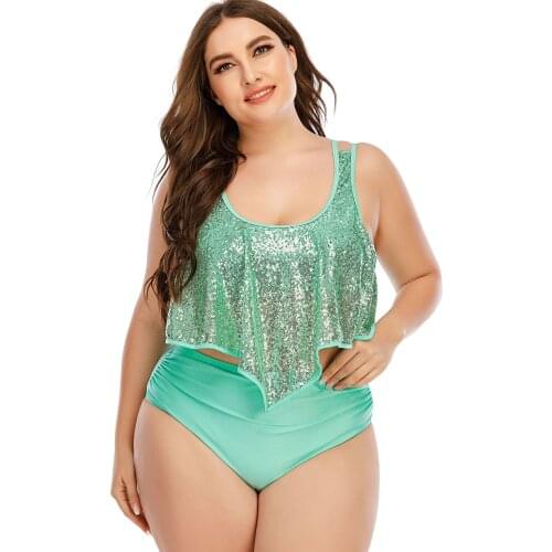 2021 New Plus size Ruffles two piece swimsuit sexy women shiny high waist swimwear bathing suit L--5XL