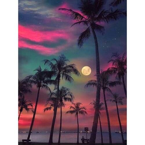 Palm Tree Diamond Mosaic Night Scenery Diamand Painting Complet Daimond Embroidery Hobby StoneS Picture Wall Sticker Home Decor