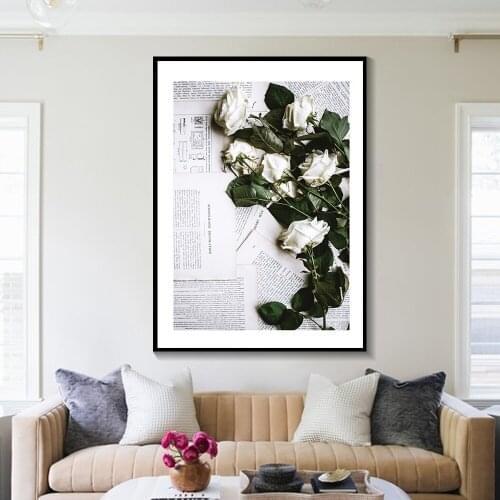 White Rose and newspaper Fashion modern wall art canvas painting landscape Nordic Posters And Prints Wall Pictures Living Room