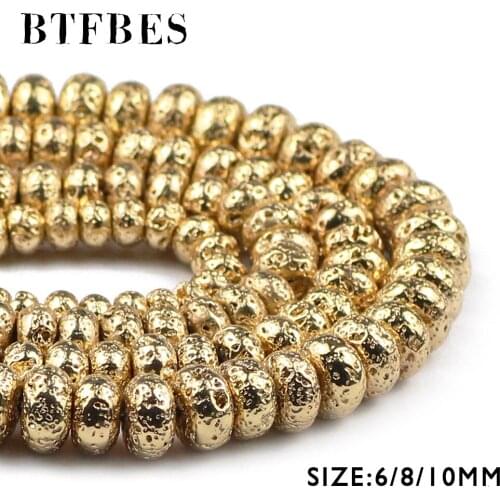 BTFBES Natural Lava Stone 14 Gold Hematite Stone Flat round Volcanic Rock Spacer Loose beads for DIY Jewelry Bracelets making