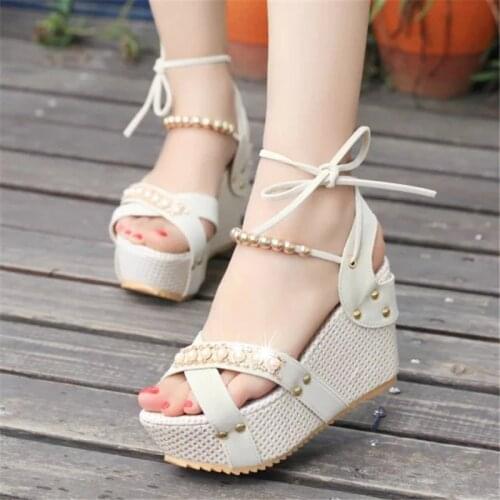 Ankle Strappy Heels Rhinestone Sandals Platform Wedges Shoes for Women Casual Vacation Comfort Lace Up Blue/Beige/Black Sandals