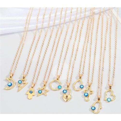 1PC Lucky Blue Evil Eye Hollow Cross Heart Necklace For Women Metal Fatima Hand Star Round Lightning Charm Choker Chain N703