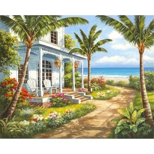 DIY Digital Painting By Numbers Package Sea Coconut Villa Coloring Wall Art Picture Gift frameless