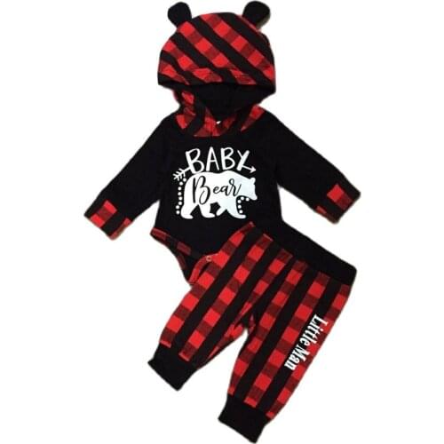 Girlymax Fall/Winter Jump Suit Baby Boys Plaid Pants Hoodie Baby Bear Boutique Clothes Infant Cotton Romper Set