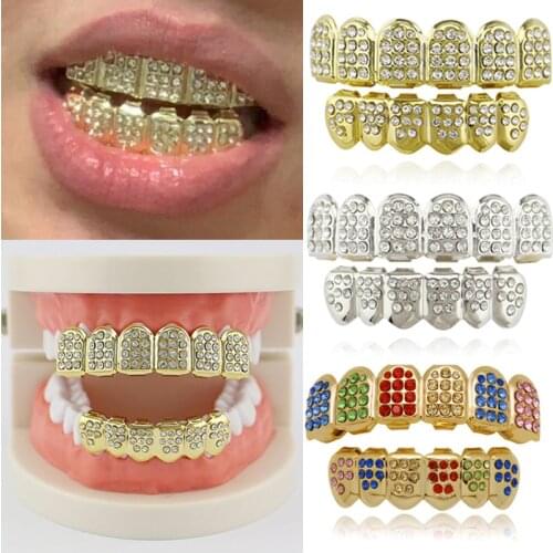 Gold Silver Plated Inlaid Rhinestone Teeth Grillz for Men Top Bottom Fang Mouth Tooth Grills Dental Hip Hop Rapper Body Jewelry