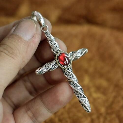 Red CZ 925 Sterling Silver Torsional Column Cross Mens Biker Pendant TA125