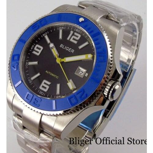 BLIGER Brushed 43mm SUB Automatic Mechanical Men Watch MIYOTA 8215 Screwdown Crown Unidirectional Bezel Glide Lock Oyster Band