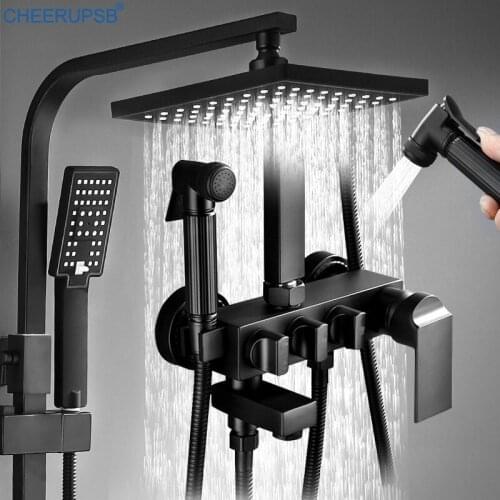 Bathroom Shower Set Hand Hold Bidet Sprayer Shower System High-pressure Wall Mount Black Thermostatic Bath Faucet Rain Fall Taps