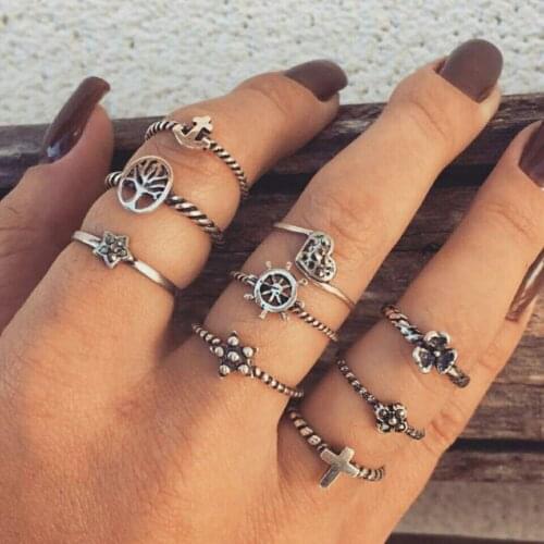 10PCS Rings set vintage heart tree flower cross anchor silver color gypsy midi rings for women ethnic jewellery