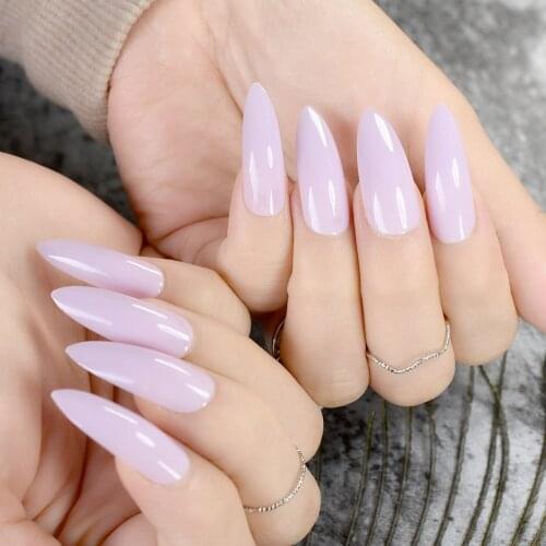 Extra Long Plastic Nails Light Purple Shiny Show Finger Full Nails Point Manicure Tips with Glue Sticker
