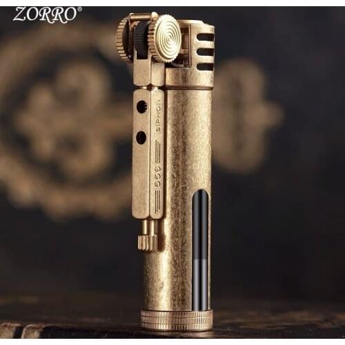 Original ZORRO Brass Trenches Kerosene Cigarette Lighter.Windproof Retro Transparent Oil Tank Grinding Wheel Mens Smoking Gift