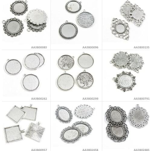Antique Silver Tone Jewelry Making Charms Oval Cabochon Base Blank Square Setting Frame Blanks Round Bracelet Pendant Necklace