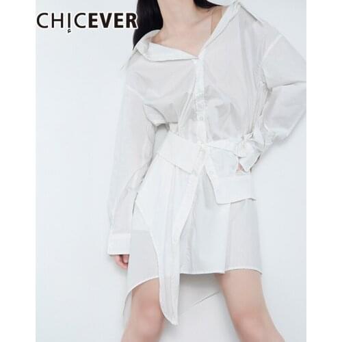 CHICEVER White Dress For Women V Neck Long Sleeve Patchwork Plus Size Irregular Hem Casual Shirt Dresses Female 2021 Clothes New