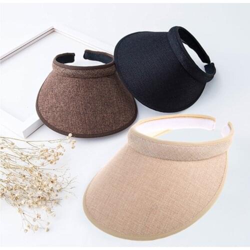 C5AA Women Ladies Summer Weave Straw Empty Top Beach Clip-On Solid Color Large Wide Brim UV Protection Breathable Sun Visor