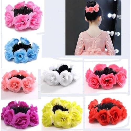 Fashion Cloth Rose Flower Elastics Hair Holder Rubber Bands Girls Women Tie Gum Fabric Wreaths Crowns Wedding Hair Accessories