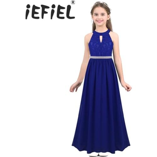 Teenage Girls Chiffon Sleeveless Halter Beaded Waist Flower Girls Dress Princess Pageant Wedding Bridesmaid Birthday Party Dress