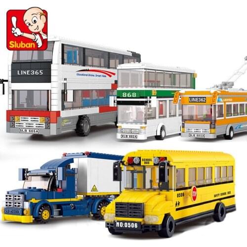 Sluban City Vehicle Container Car Garbage Trucks Oil Tank Double-Decker School Bus Wash Sets Model Building Blocks Brick Kid Toy