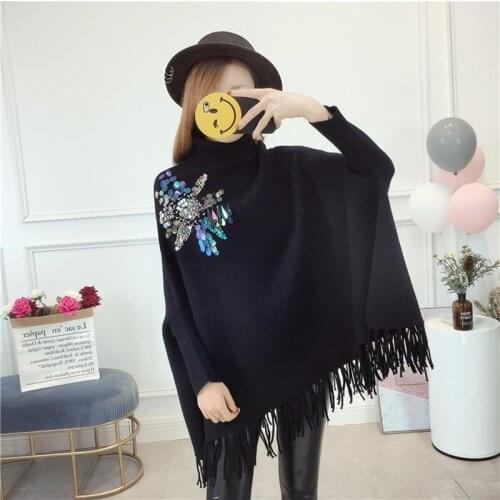 Sweater Woman 2020 Knitted O-Neck Cloak Sweater Batwing Sleeve Casual Pullover Coat Autumn Winter Femme Tassel Poncho Cape A5358