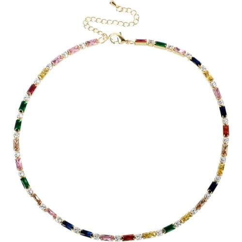 2021 New arrived gold color necklace with rainbow cz tennis chain colorful cz charm choker with tiny link chain necklace jewelry
