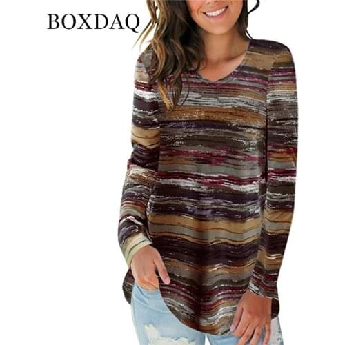 2021 New Autumn Casual Blouse Women Tie Dye Striped Print Shirt Fashion V-Neck Ladies Long Sleeve Pullover Tops Women Clothes
