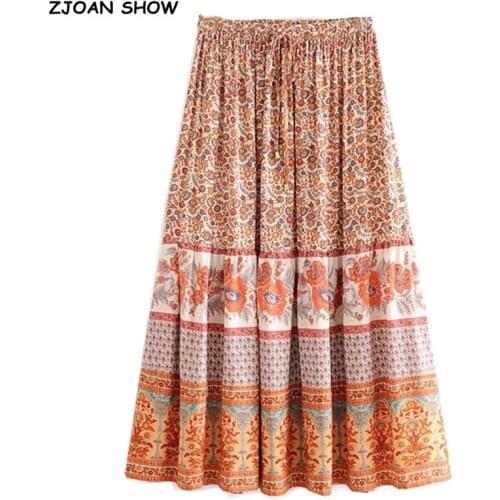 BOHO Location Floral print Cotton Long Skirt Holiday Women Elastic High Waist Spliced Ruched pleated Hem Swing Skirts Beach