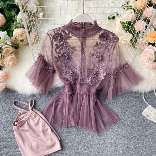 2020 New Two Pieces Women Flare Sleeve Ruffles Mesh Blouse flower Lace Shirts Female Short Sleeve Hollow Out Blouses Tops AB1866