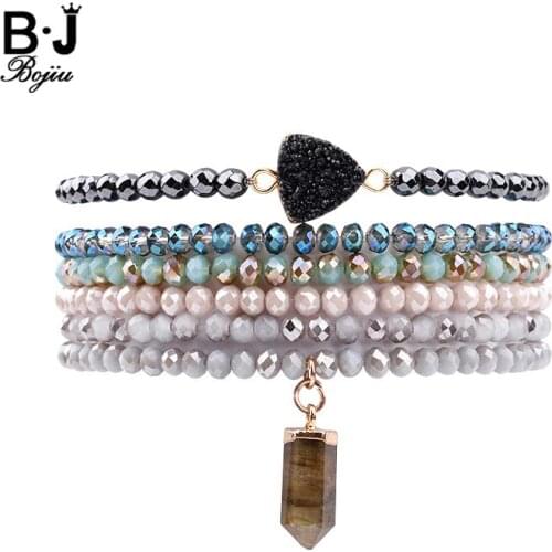 BOJIU 6 Pcs/Set Multicolor Crystal Bead Bracelets For Women Natural Black Heart Druzy Stone Labradorite Charm Bracelet BCSET187