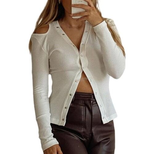 2021 Fashion Lady Sexy Cold Shoulder Tops Women Long Sleeve Hollow Out Solid Slim Fit Crop Top Spring Autumn Casual T-Shirt