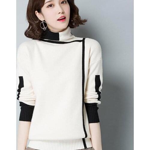 Zuolunouba Autumn Winter Women Sweater Knitwear Stitching Color Harajuku Turtleneck Long Sleeve Loose Lady White Bottoming Shirt