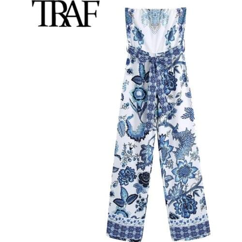 Baldauren 2021 Women Chic Fashion With Belt Floral Print Wide Leg Jumpsuits Vintage Backless Zipper Female Playsuits Mujer