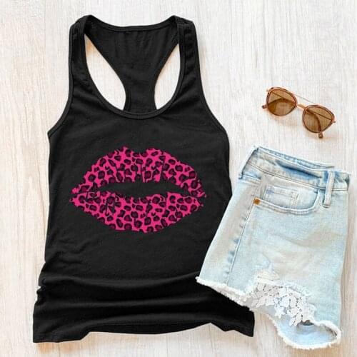 Vest Leopard Pink Lips Top Cute Women Sleeveless Summer Beach Workout Tanks