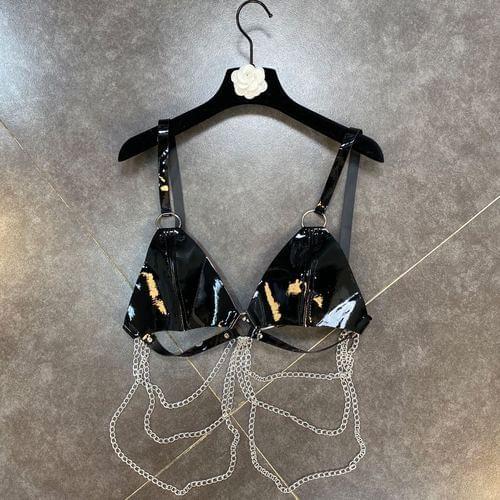 2021 Summer Shoulder Strap Bright Pu Multi-Chain Personality Leather Bra Woman Sexy Tops Lady Night Club Fit
